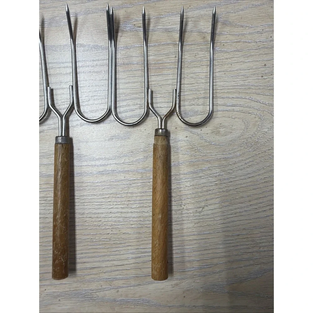Pair Of‎ Vintage 4-Prong MEAT LIFTING FORKS With Wood Handles 10.5